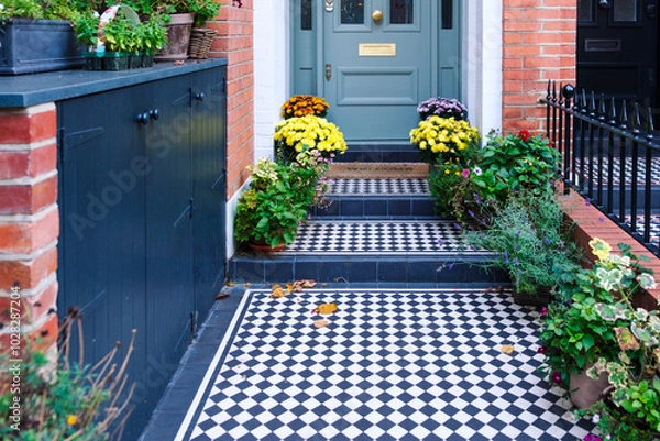 Obraz Victorian house entrance decorated with colorful flowers showing black and white checkerboard tiles