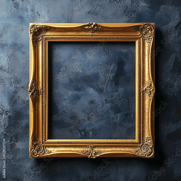 Fototapeta Mock-up of a Gold Picture Frame on Dark Textured Wall, Baroque Style Elegant Classic Design, Perfect for Artwork Display