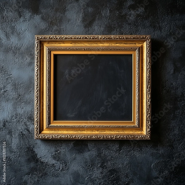 Fototapeta Mock-up of a Gold Picture Frame on Dark Textured Wall, Baroque Style Elegant Classic Design, Perfect for Artwork Display