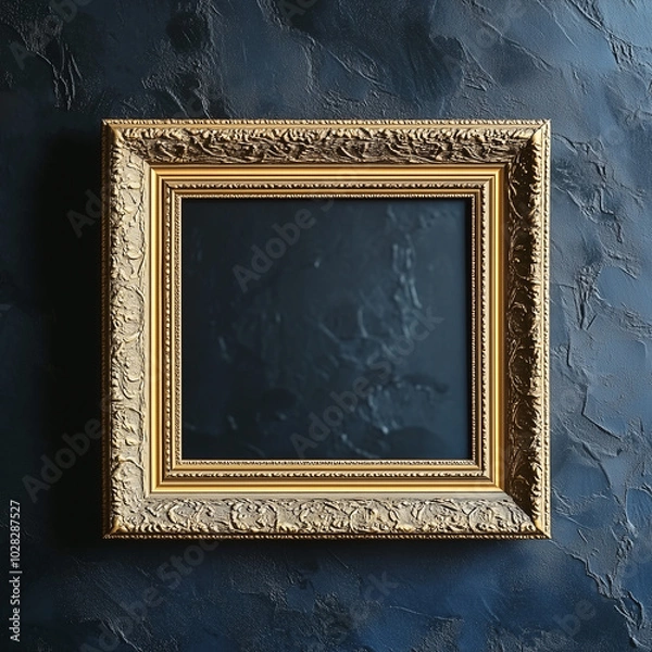 Fototapeta Mock-up of a Gold Picture Frame on Dark Textured Wall, Baroque Style Elegant Classic Design, Perfect for Artwork Display