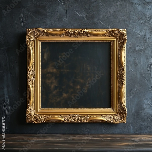 Fototapeta Mock-up of a Gold Picture Frame on Dark Textured Wall, Baroque Style Elegant Classic Design, Perfect for Artwork Display
