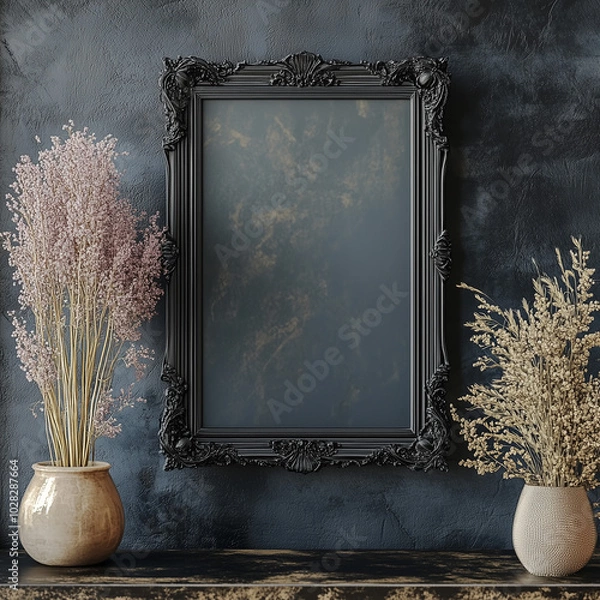 Fototapeta Mock-up Black Baroque Frame on Dark Textured Wall – Perfect for Artwork or Poster Display