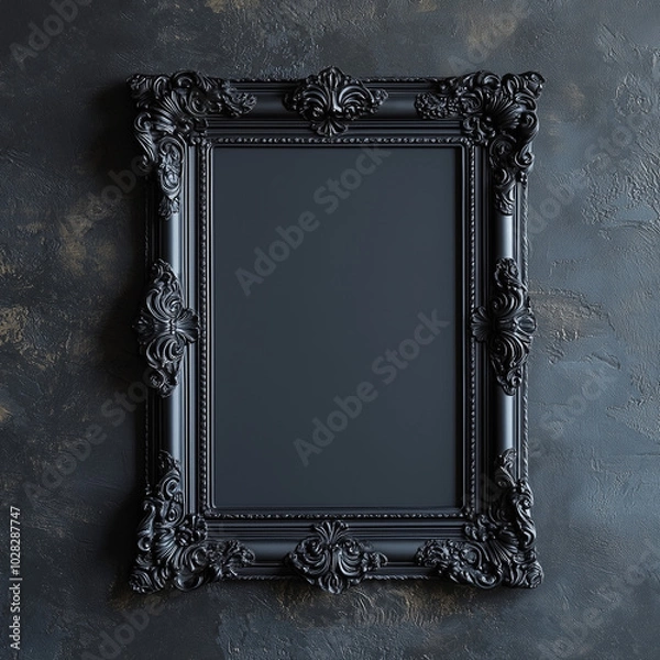 Fototapeta Mock-up Black Baroque Frame on Dark Textured Wall – Perfect for Artwork or Poster Display