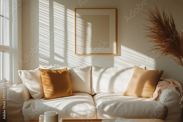 Fototapeta Mockup Frame, Bright Coastal Living Room with Neutral Furniture and Framed Art