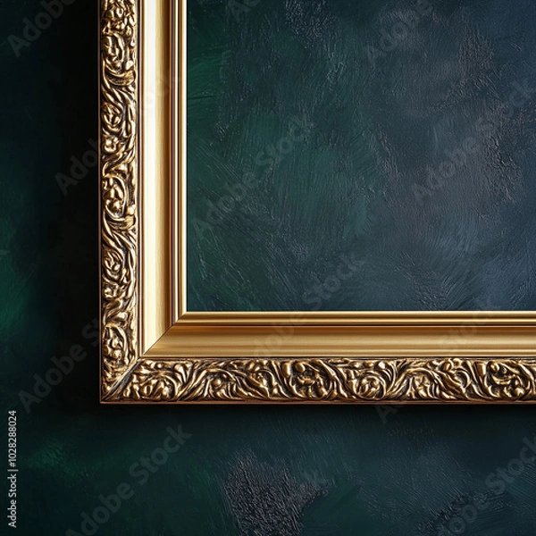 Fototapeta Mock-up of a Gold Picture Frame on Dark Textured Wall, Baroque Style Elegant Classic Design, Perfect for Artwork Display