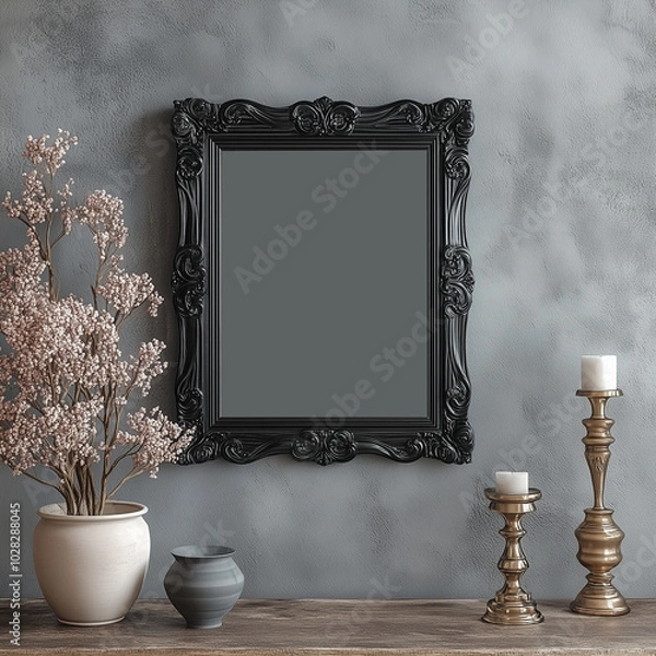 Fototapeta Mockup Baroque Style Frame, Elegant Wall Art Gallery in Modern Living Room with Dark Blue Textured Wall