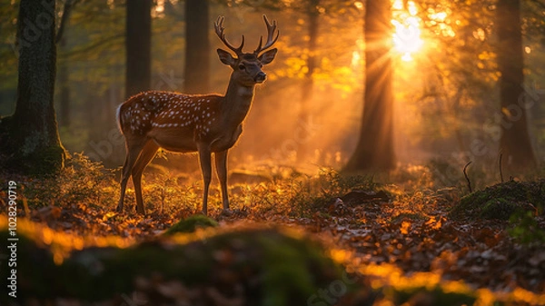 Fototapeta Deer standing in a misty forest at dawn, soft sunlight filtering through the trees, and an open space for text.