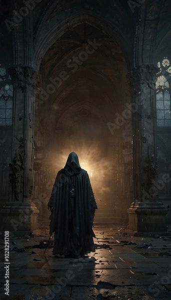 Fototapeta Gothic Cathedral Ruins: Grim Reaper Amidst Thick Fog and Cracked Stone Floors