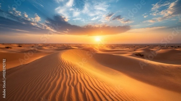 Fototapeta A breathtaking sunset casts a golden glow over a vast, undulating desert landscape, highlighting the intricate patterns of the sand dunes.