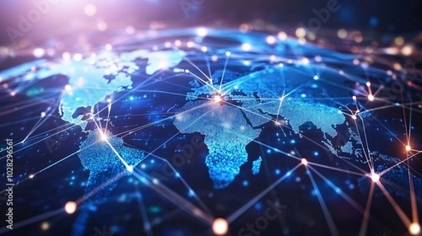 Fototapeta A digital world map with interconnected nodes representing global networks.