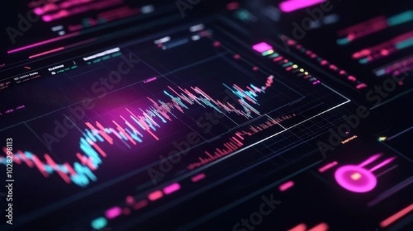 Fototapeta Crypto trading interface, neon lights, dark theme, futuristic efficiency