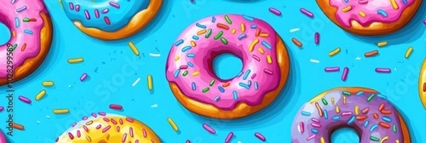 Fototapeta Vibrant donut pattern featuring assorted flavors and colorful sprinkles, perfect for playful designs and sweet-themed projects