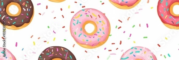 Fototapeta Colorful Donut Pattern, vibrant flat illustration featuring assorted donuts with sprinkles and frosting, playful design for various applications
