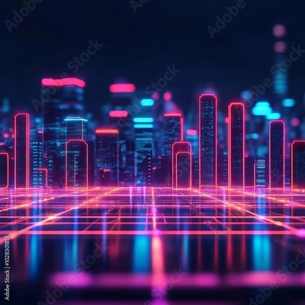 Fototapeta Holographic blockchain, neon interface, futuristic cityscape, dark tones