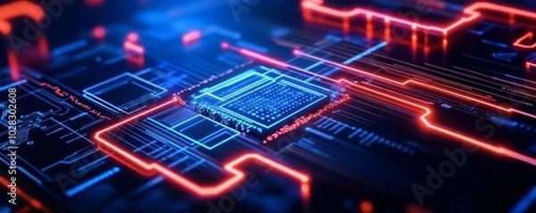 Fototapeta Smart contracts, neon circuits, futuristic blockchain, dark space