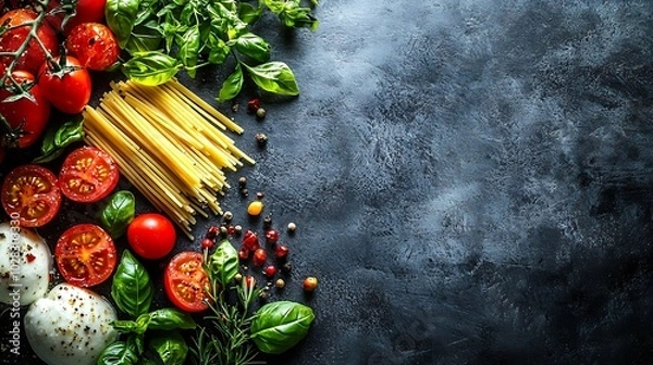 Fototapeta Pasta fusilli with mozzarella cheese tomatoes and basil Dark background Copy space Top view : Generative AI
