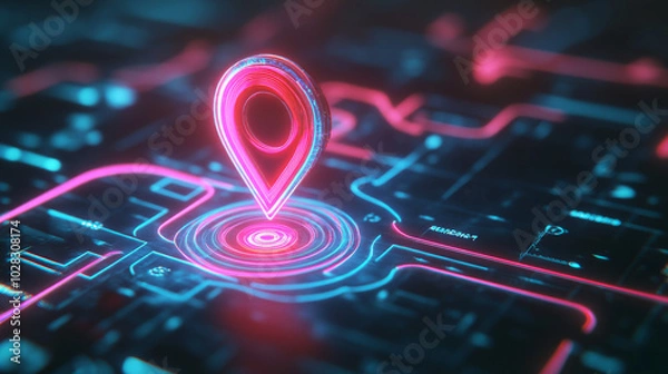 Fototapeta A simple, 80s-style icon showing a map with a glitched location pin and a line representing a travel route. The icon is designed with a thin outline and is isolated against a clear background.