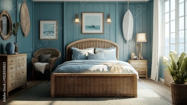 Fototapeta A bedroom featuring blue walls and a wicker bed, embodying a coastal theme with nautical touches, A beachy bedroom with nautical touches, a breezy color scheme, and rattan furniture