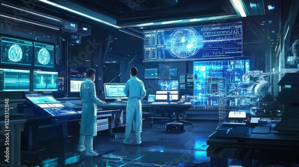Fototapeta This image represents the future of healthcare, showing how technology like computers and digital tools are being used by doctors to improve medical care and find new treatments.