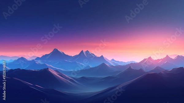 Fototapeta A serene landscape depicting layers of mountain ridges and silhouetted pine trees under a gradient sky of sunrise hues, casting a tranquil Layered mountain silhouettes beneath a gradated evening sky, 