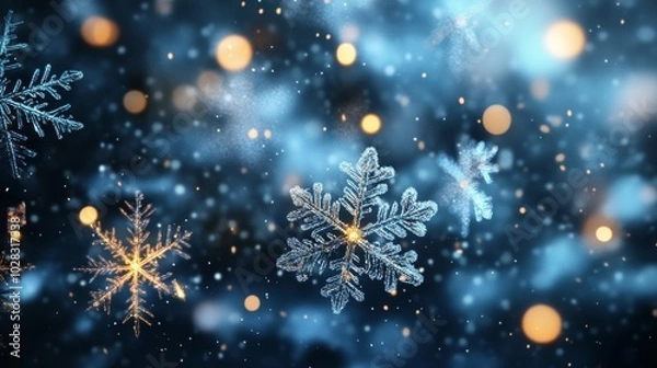 Fototapeta A blue sky with snowflakes falling and a bright light shining on them