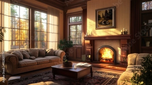 Fototapeta Cozy Living Room with Fireplace and Plush Couches