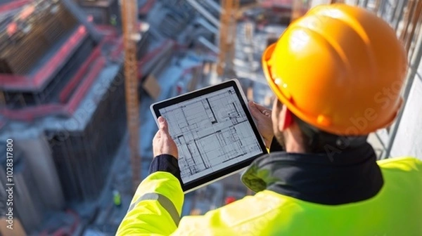 Fototapeta Construction Worker Reviewing Digital Blueprint Onsite with Tablet