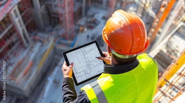 Fototapeta Construction Worker Reviewing Digital Blueprint on Site