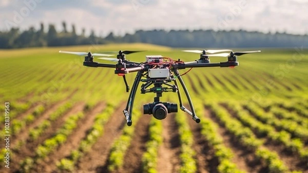 Fototapeta Drone Flying Over Farm Field Capturing Agricultural Data