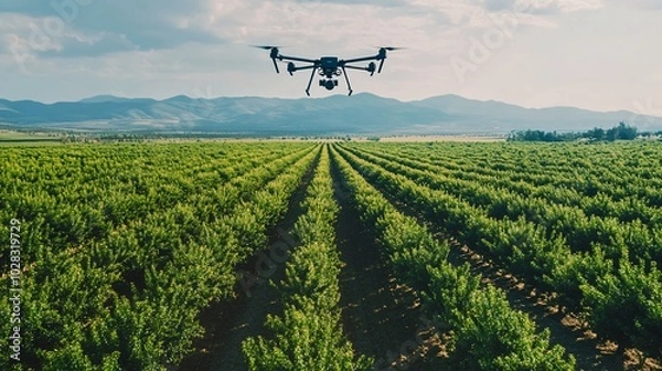 Fototapeta Drone Capturing Data Over a Large Orchard Landscape