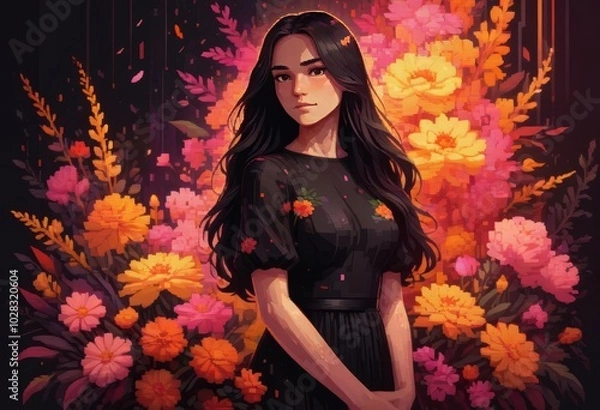 Fototapeta A cartoon illustration of a girl with flowers and colors