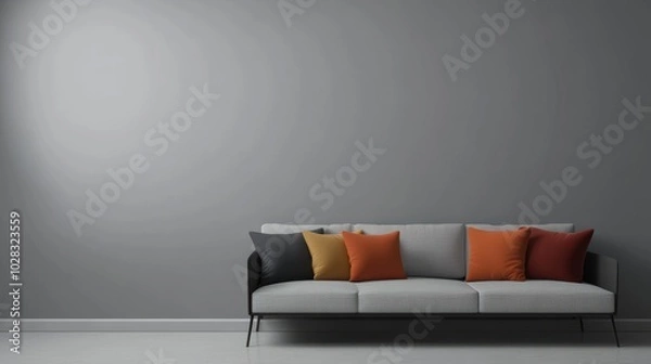 Obraz Minimalist interior design of modern living room with sofa with colourful pillows .