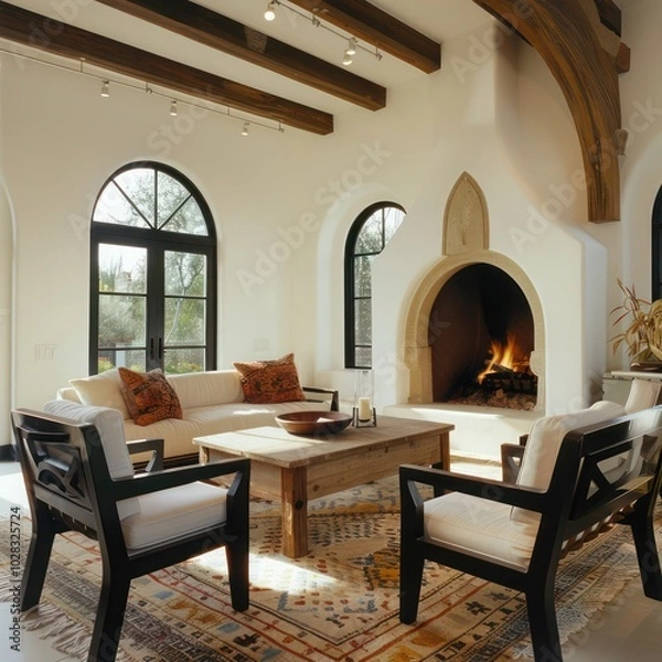 Fototapeta Contemporary cottage style living room: rustic coffee table between sofa and chairs, featuring fireplace and arched windows in Mediterranean home decor.
