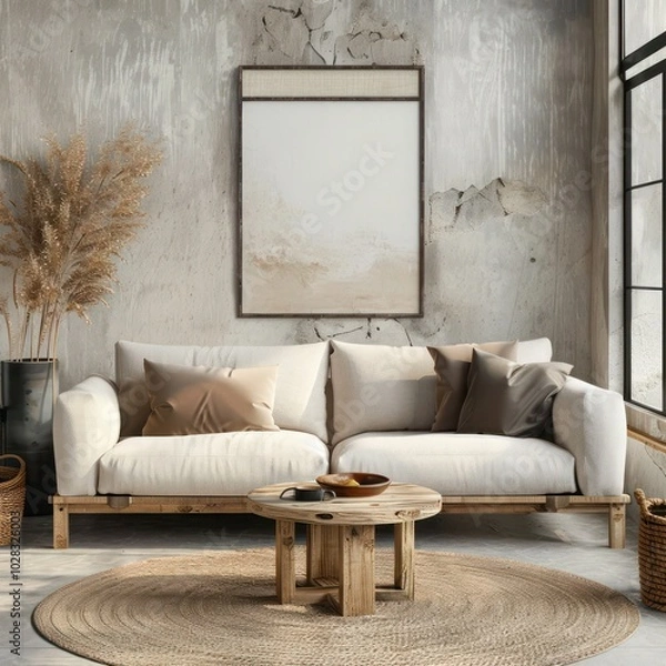 Obraz Contemporary Japandi home interior: rustic coffee table near beige sofa against stucco wall, showcasing stone decorative poster in modern living room.