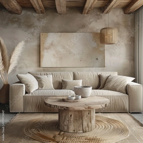 Obraz Japandi style in modern home: rustic coffee table near beige sofa against stucco wall adorned with stone decorative poster.