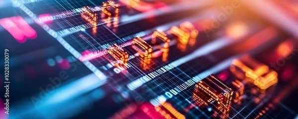 Fototapeta Digital blockchain disruption, neon hologram web, cyber tech tones, futuristic feel
