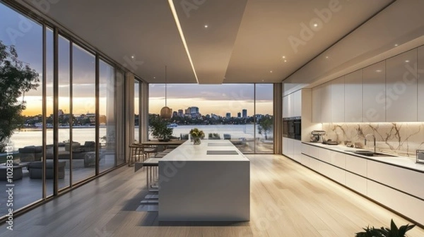 Obraz Modern white kitchen with island and view in new luxury home
