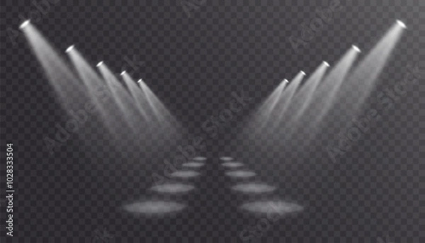 Fototapeta Stage and stadium lighting with bright LED strobe lights. Laser light show. Empty stage before the performance. Spotlights on a transparent background.