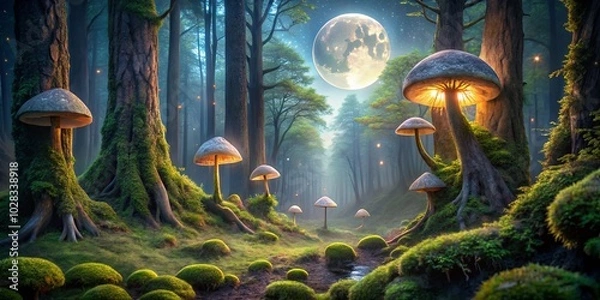 Fototapeta A Luminous Path Through An Enchanted Forest, Where Glowing Mushrooms Illuminate The Mist And A Full Moon Casts An Eerie Glow