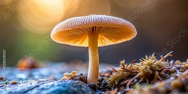 Fototapeta A delicate mushroom with a golden cap and a slender stalk stands tall against a backdrop of soft, blurred sunlight, its gills visible beneath the cap, revealing intricate details of its structure.