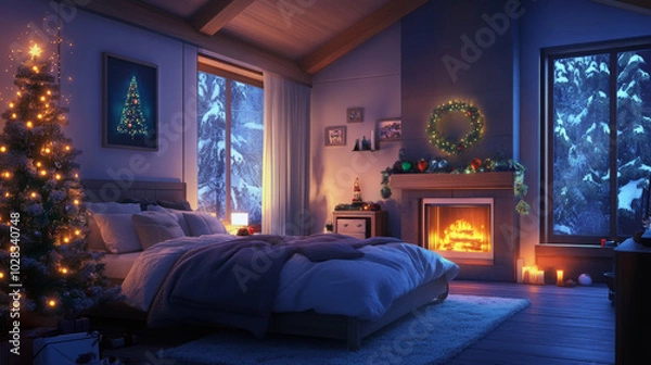 Fototapeta Create an illustration of a cozy bedroom at night, showcasing a beautifully decorated Christmas tree, a warm fireplace, and glowing lights. Highlight the inviting atmosphere, capturing the festive spi