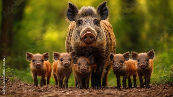 Obraz A wild boar mother and a group of her babies standing in the forest and looking at the camera