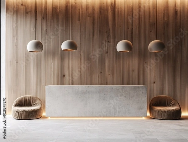 Fototapeta 2408 54.A conceptual reception interior rendered in 3D, featuring a minimalist concrete desk, large wooden paneling, and plush seating areas. The space is well-lit with modern pendant lights,