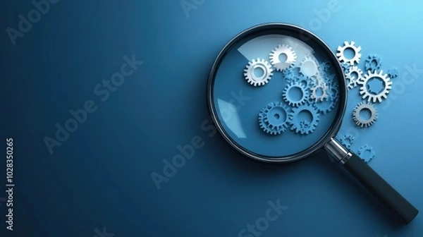 Fototapeta Magnifying glass and gears on blue background representing seo audit and analysis