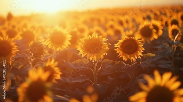 Fototapeta A vast open field of sunflowers, all facing toward the rising sun. The golden flowers stretch into the horizon, their bright faces glowing in the early morning light.