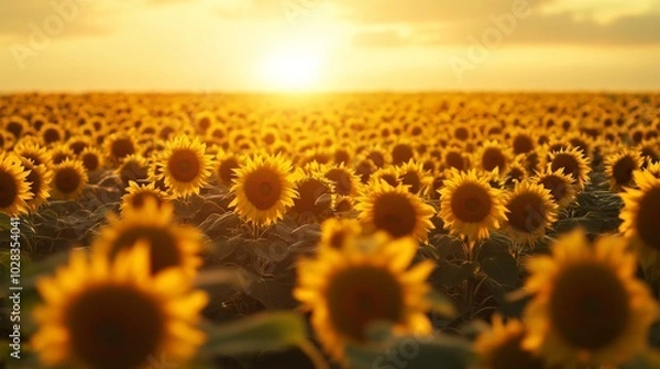 Fototapeta A vast open field of sunflowers, all facing toward the rising sun. The golden flowers stretch into the horizon, their bright faces glowing in the early morning light.