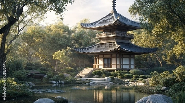 Fototapeta A traditional Japanese pagoda with tiered roofs and intricate wooden details. The structure stands gracefully amidst a Zen garden, embodying the harmony between architecture and nature.