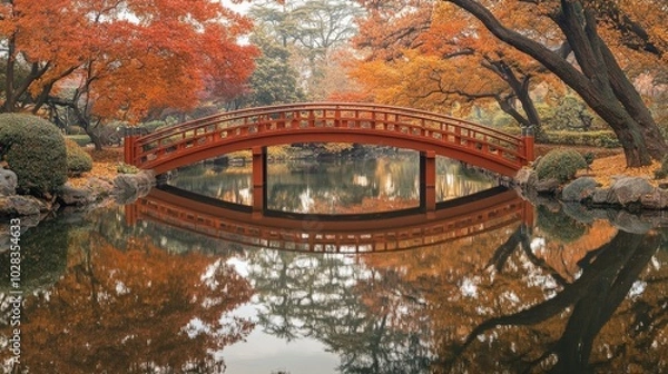 Fototapeta A tranquil Japanese garden in autumn, with maple trees shedding their vibrant red and orange leaves. A small pond reflects the scene, and a wooden bridge arches gracefully over it.