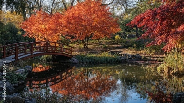 Fototapeta A tranquil Japanese garden in autumn, with maple trees shedding their vibrant red and orange leaves. A small pond reflects the scene, and a wooden bridge arches gracefully over it.