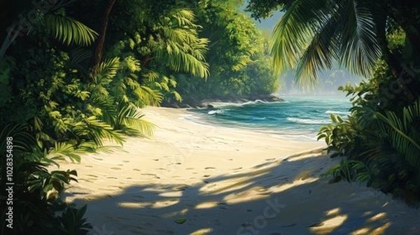 Fototapeta A tropical beach lined with dense jungle, where the vibrant green foliage meets the soft white sand. Birds of paradise call from the trees as the calm waves lap gently against the shore.